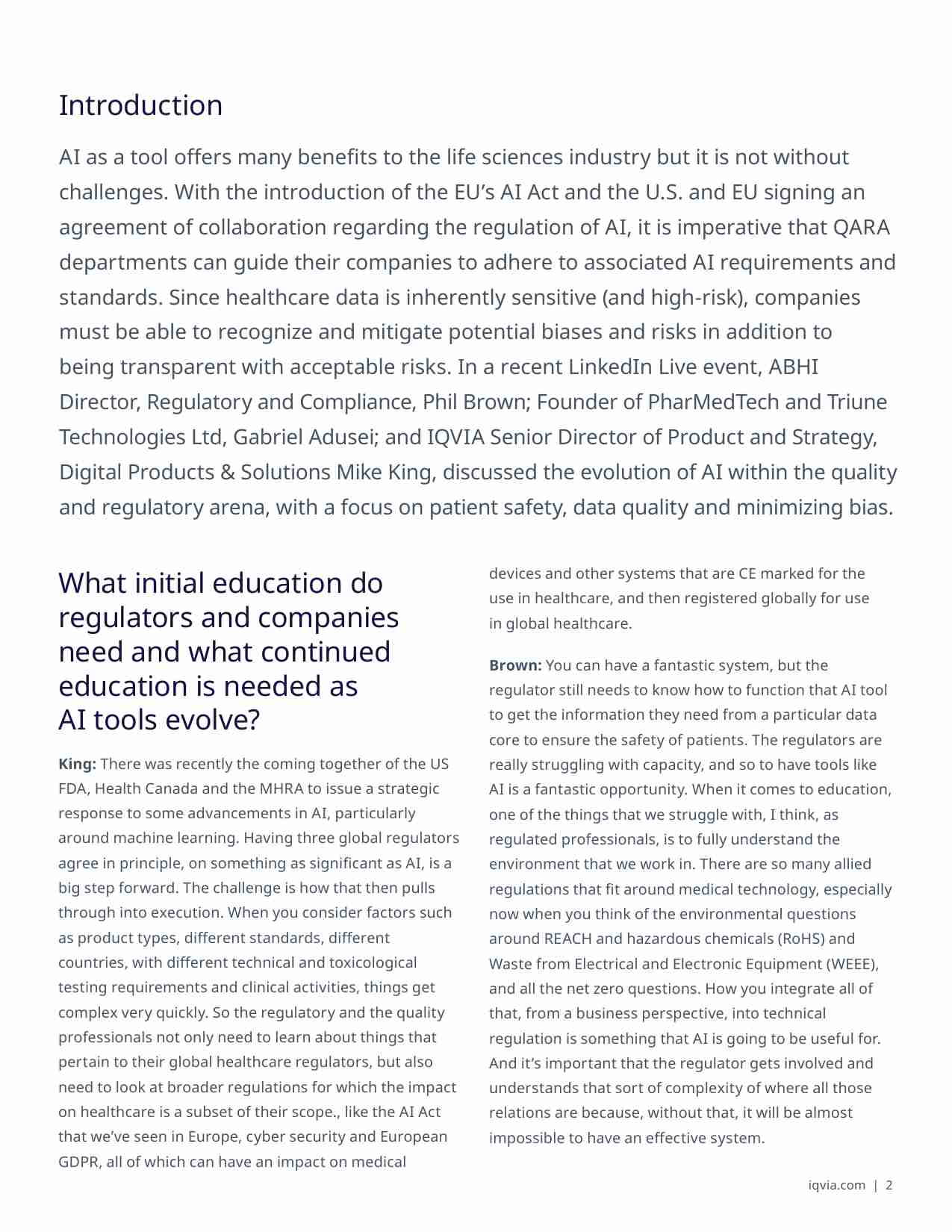 iqvia -未来验证QARA人工智能实践：适应医疗监管中的人工智能发展 Future Proofing QARA AI Practices - Adapting to AI developments in healthcare regulation.pdf-2-预览