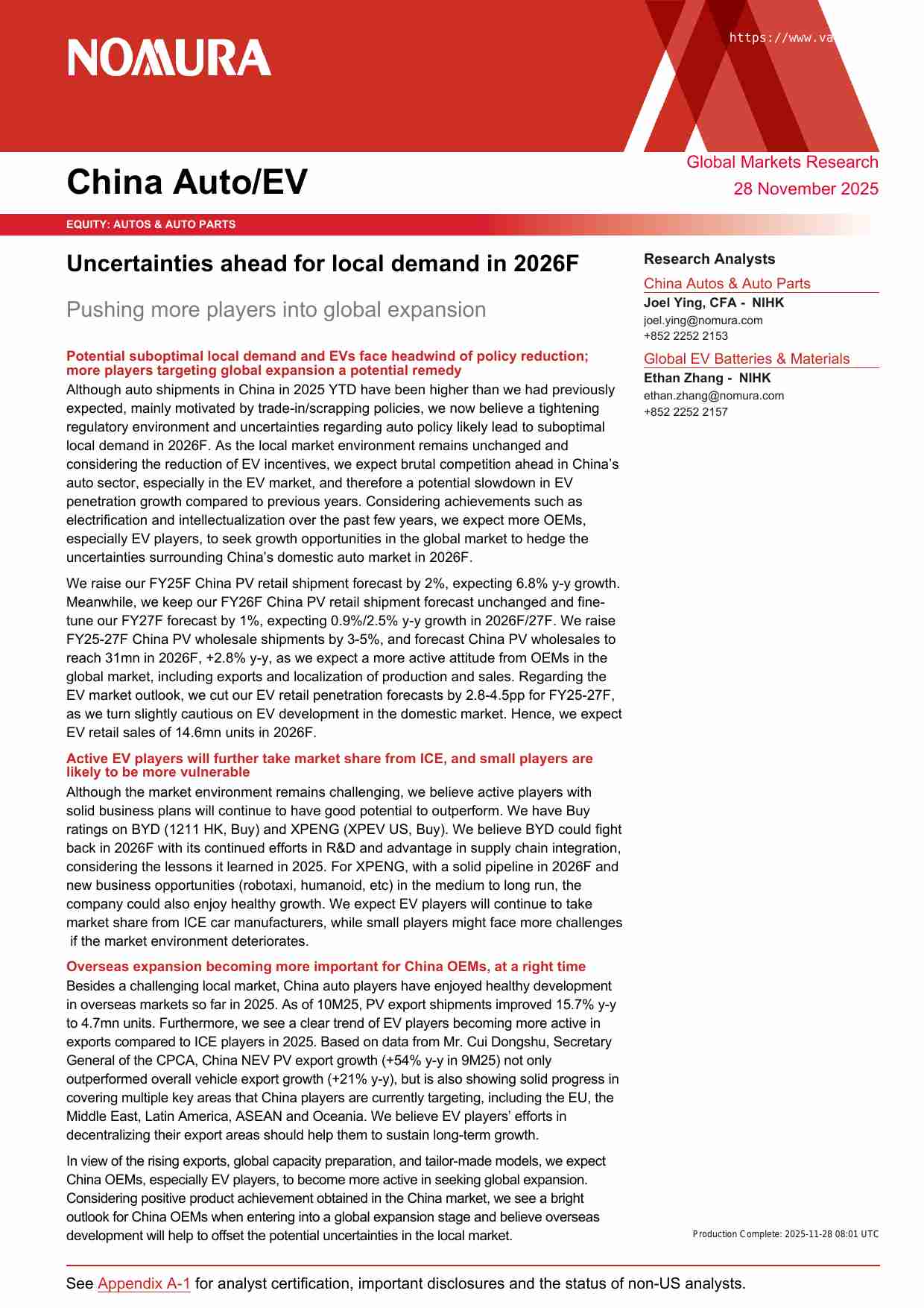 野村-中国汽车电动车：2026年本土需求存不确定性，推动更多企业全球化扩张-China AutoEV：Uncertainties ahead for local demand in 2026F;Pushing more players into global expansion-20251128.pdf-0-预览